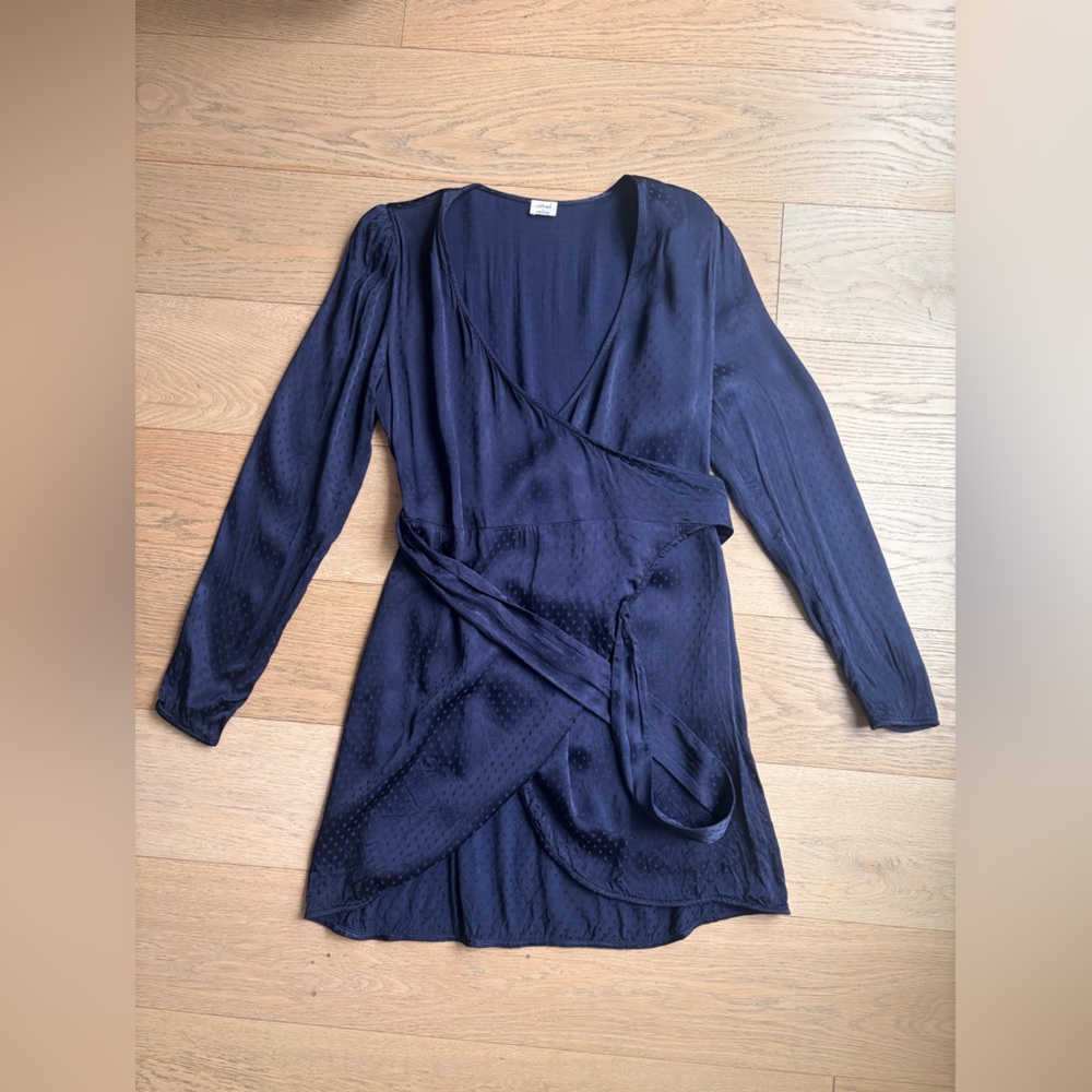 Elegant Navy Patterned Satin Wrap Dress